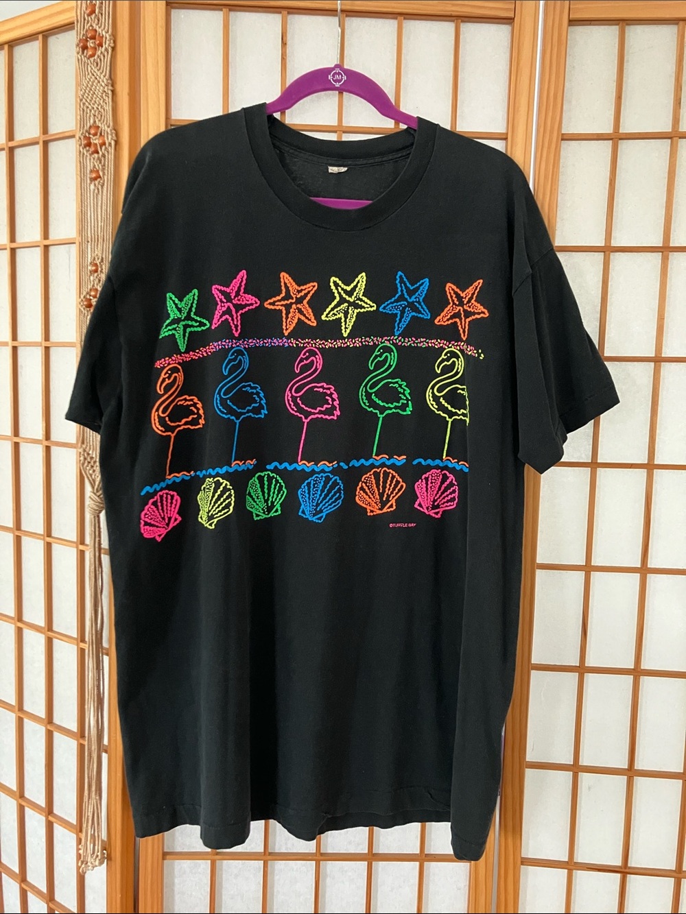 Black With Neon Flamingo Seashell & Starfish Graphic Beach Tee DEADSTOCK